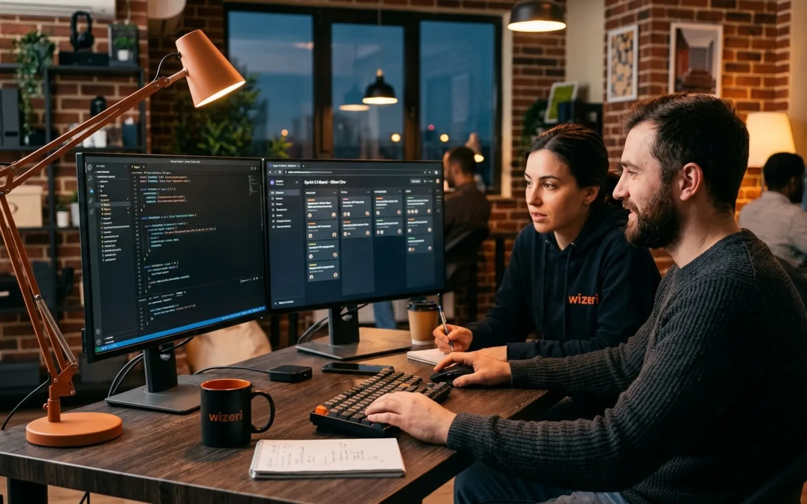 Doi ingineri revizuind cod și un sprint board pe două monitoare