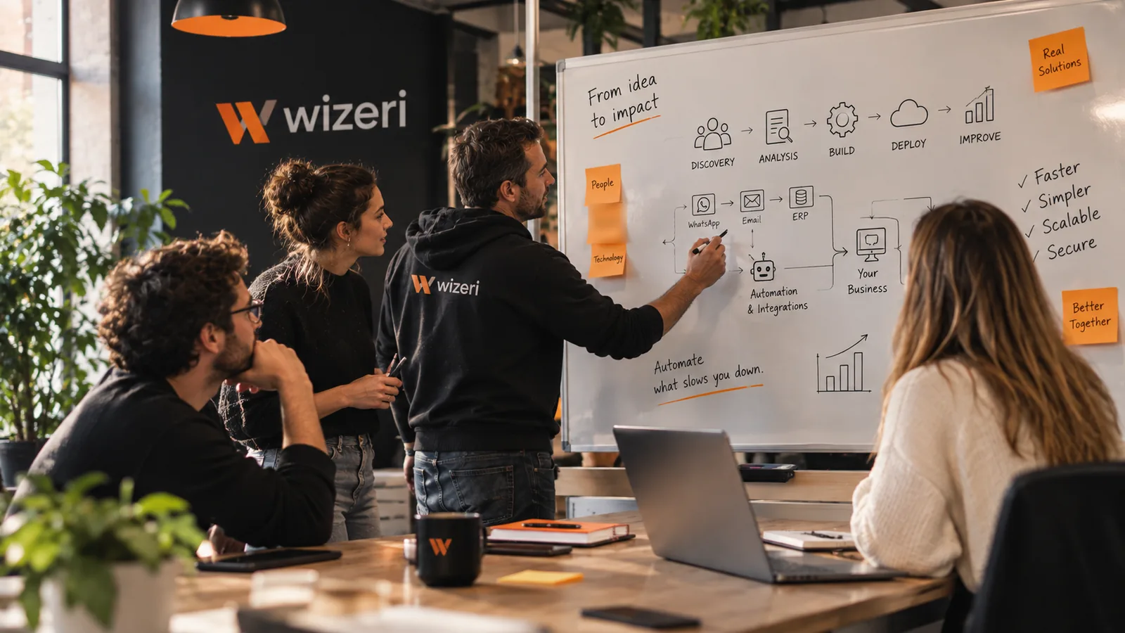 The team at a whiteboard with the process drawn out: discovery, analysis, build, deploy, improve