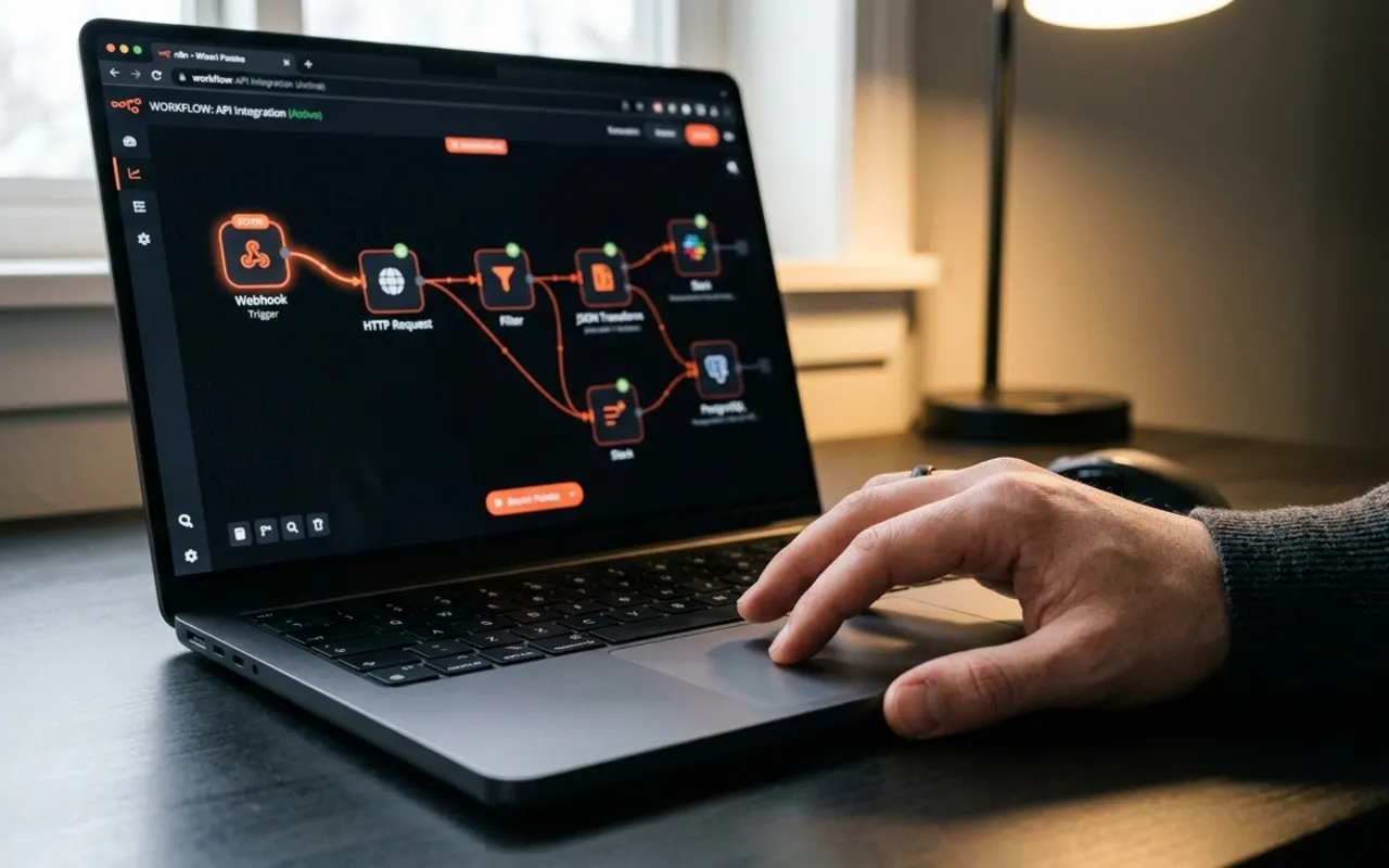 Un canvas de automatizare a fluxurilor de lucru deschis pe un laptop