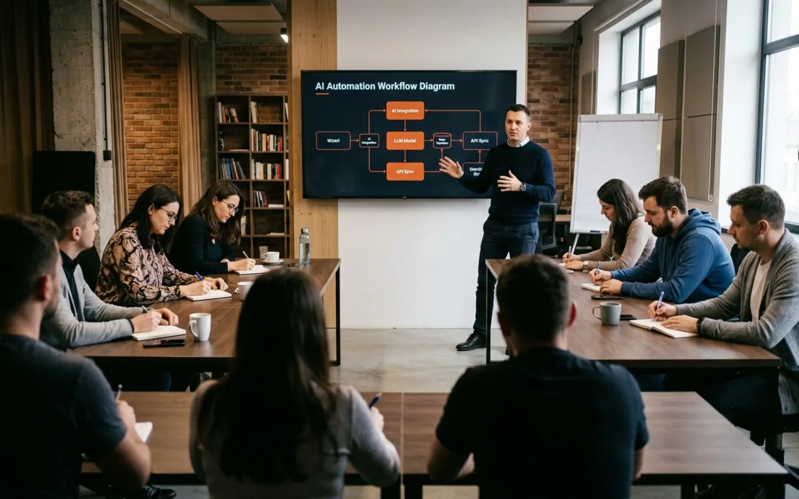 A team presenting an automation workflow diagram in a meeting room